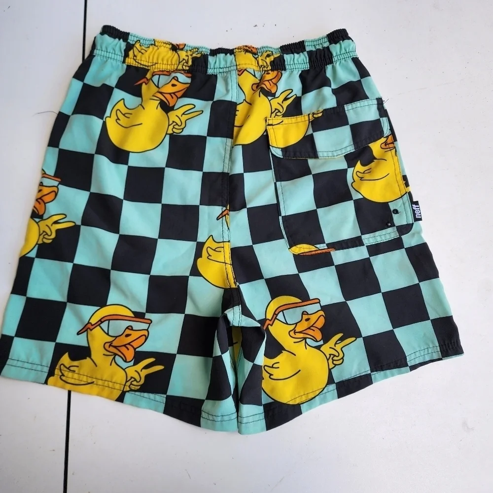 Neff Boys Ducky Swim Trunks Aqua Blue Yellow Polyester Spandex Drawstring Sz M